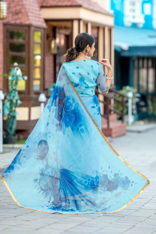 NOZ2TOZ Women's Organza Digital print Hand Work Sky Saree With Blouse Piece - Distacart
