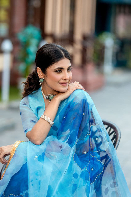 NOZ2TOZ Women's Organza Digital print Hand Work Sky Saree With Blouse Piece - Distacart