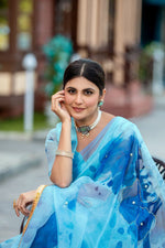 Thumbnail for NOZ2TOZ Women's Organza Digital print Hand Work Sky Saree With Blouse Piece - Distacart