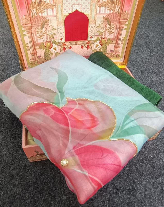 NOZ2TOZ Women's Organza Digital print Hand Work Pista Saree With Blouse Piece - Distacart