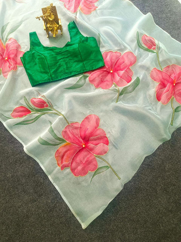 NOZ2TOZ Women's Organza Digital print Hand Work Pista Saree With Blouse Piece - Distacart