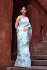 Thumbnail for Malishka Women's Organza Digital print Hand Work Ice Blue Saree With Blouse Piece - Ice Blue - Distacart