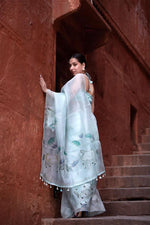 Thumbnail for Malishka Women's Organza Digital print Hand Work Ice Blue Saree With Blouse Piece - Ice Blue - Distacart