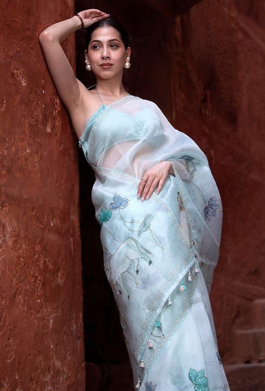 Malishka Women's Organza Digital print Hand Work Ice Blue Saree With Blouse Piece - Ice Blue - Distacart