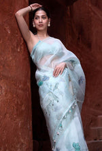 Thumbnail for Malishka Women's Organza Digital print Hand Work Ice Blue Saree With Blouse Piece - Ice Blue - Distacart