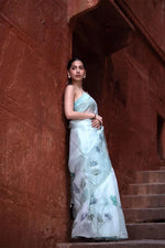 Thumbnail for Malishka Women's Organza Digital print Hand Work Ice Blue Saree With Blouse Piece - Ice Blue - Distacart