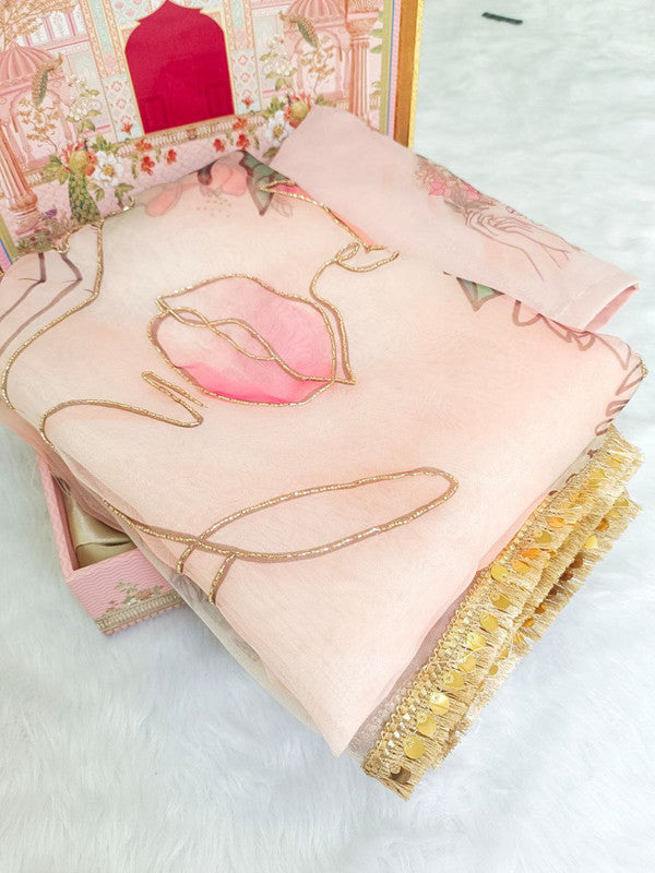 NOZ2TOZ Women's Organza Digital print Hand Work Peach Saree With Blouse Piece - Distacart