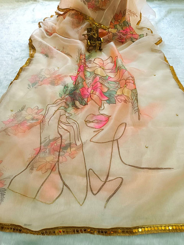 NOZ2TOZ Women's Organza Digital print Hand Work Peach Saree With Blouse Piece - Distacart