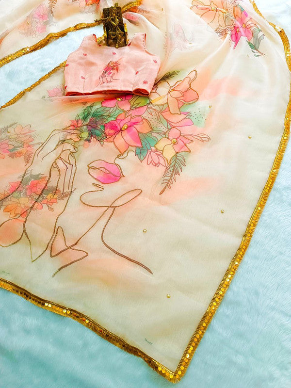 NOZ2TOZ Women's Organza Digital print Hand Work Peach Saree With Blouse Piece - Distacart