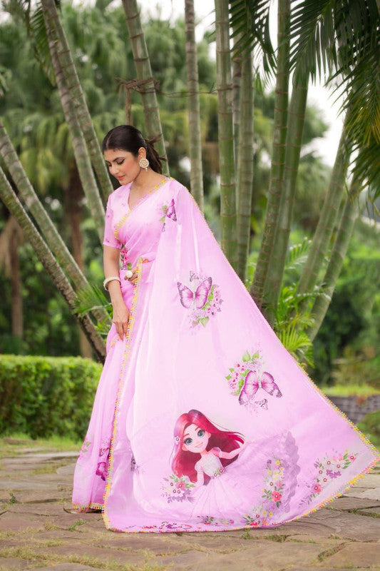 Malishka Women's Organza Digital print Hand Work Pink Saree With Blouse Piece - Pink - Distacart