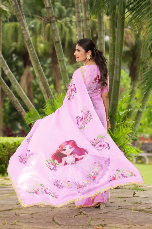 NOZ2TOZ Women's Organza Digital print Hand Work Pink Saree With Blouse Piece - Distacart