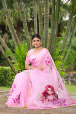 Thumbnail for Malishka Women's Organza Digital print Hand Work Pink Saree With Blouse Piece - Pink - Distacart