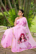 Thumbnail for Malishka Women's Organza Digital print Hand Work Pink Saree With Blouse Piece - Pink - Distacart
