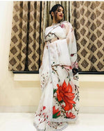 Thumbnail for Malishka Women's Organza Digital print Hand Work White Saree With Blouse Piece - White - Distacart