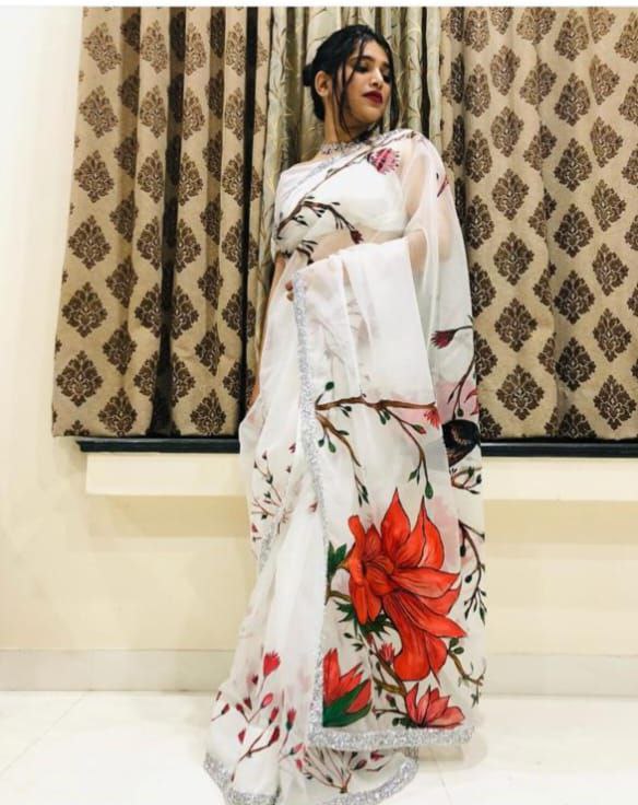 Malishka Women's Organza Digital print Hand Work White Saree With Blouse Piece - White - Distacart