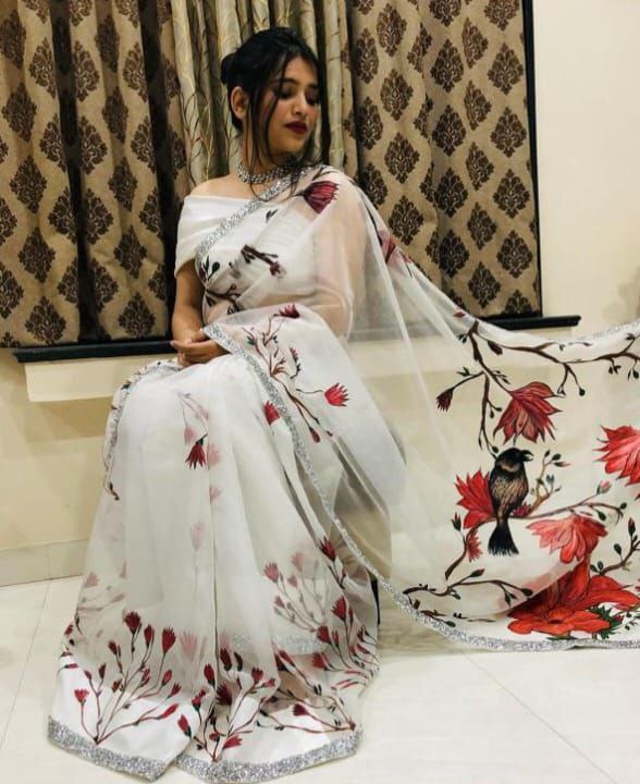 NOZ2TOZ Women's Organza Digital print Hand Work White Saree With Blouse Piece - Distacart