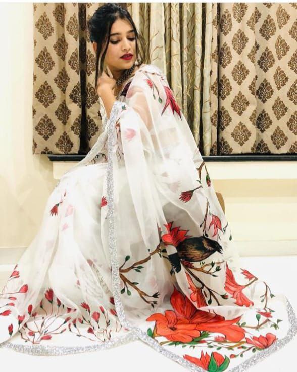 NOZ2TOZ Women's Organza Digital print Hand Work White Saree With Blouse Piece - Distacart