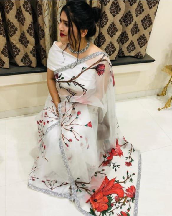 NOZ2TOZ Women's Organza Digital print Hand Work White Saree With Blouse Piece - Distacart