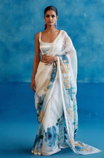 Thumbnail for Malishka Women's Organza Digital print Lace White Saree With Blouse Piece - White - Distacart