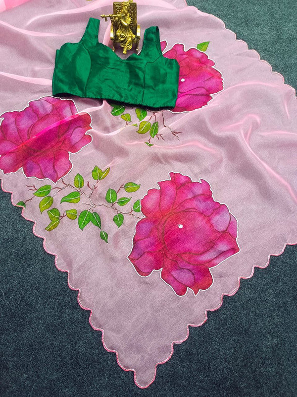 NOZ2TOZ Women's Organza Digital print Aari Work Pink Saree With Blouse Piece - Distacart