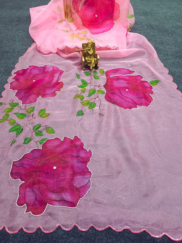 NOZ2TOZ Women's Organza Digital print Aari Work Pink Saree With Blouse Piece - Distacart