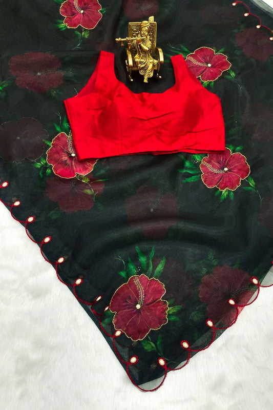 NOZ2TOZ Women's Organza Digital print Aari Work Black Saree With Blouse Piece - Distacart