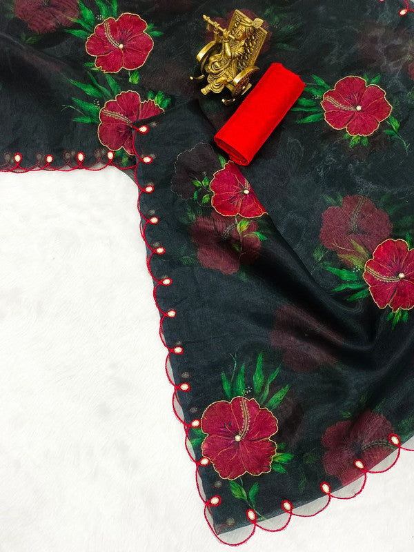 NOZ2TOZ Women's Organza Digital print Aari Work Black Saree With Blouse Piece - Distacart