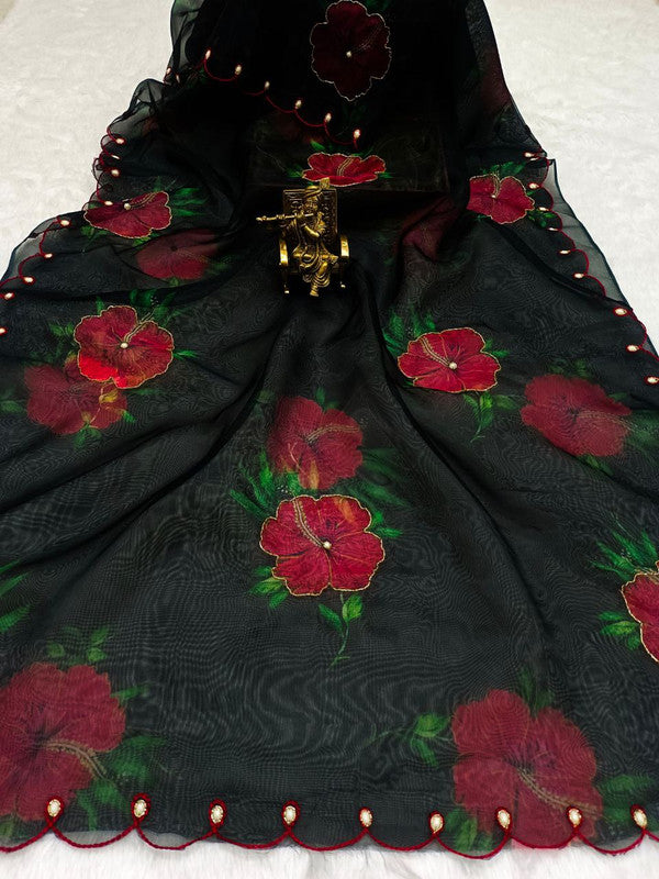 NOZ2TOZ Women's Organza Digital print Aari Work Black Saree With Blouse Piece - Distacart