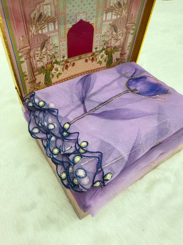 NOZ2TOZ Women's Organza Digital print Aari Work Lavender Saree With Blouse Piece - Distacart