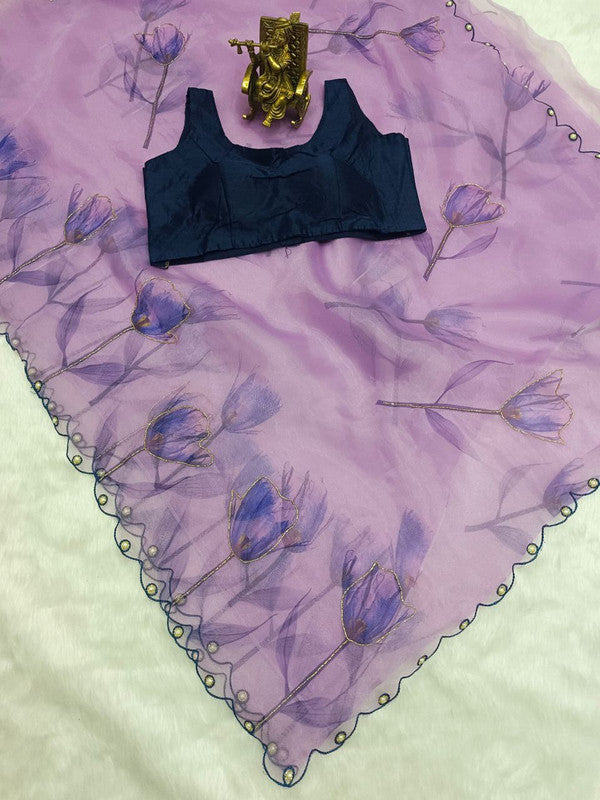 NOZ2TOZ Women's Organza Digital print Aari Work Lavender Saree With Blouse Piece - Distacart