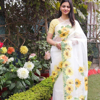 NOZ2TOZ Women's Organza Silk Digital print Aari Work White Saree With Blouse Piece - Distacart