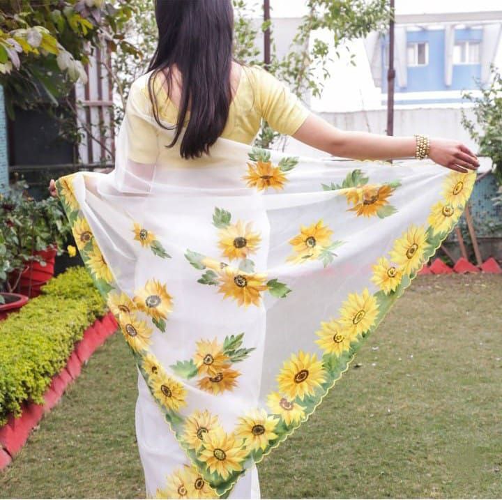 NOZ2TOZ Women's Organza Silk Digital print Aari Work White Saree With Blouse Piece - Distacart