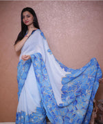 Thumbnail for Malishka Women's Organza Silk Digital print Aari Work White Saree With Blouse Piece - White - Distacart
