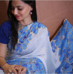 Thumbnail for Malishka Women's Organza Silk Digital print Aari Work White Saree With Blouse Piece - White - Distacart