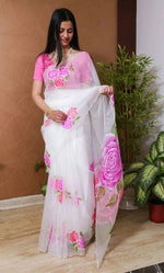 Thumbnail for NOZ2TOZ Women's Organza Digital print Aari Work White Saree With Blouse Piece - Distacart