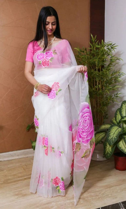 NOZ2TOZ Women's Organza Digital print Aari Work White Saree With Blouse Piece - Distacart