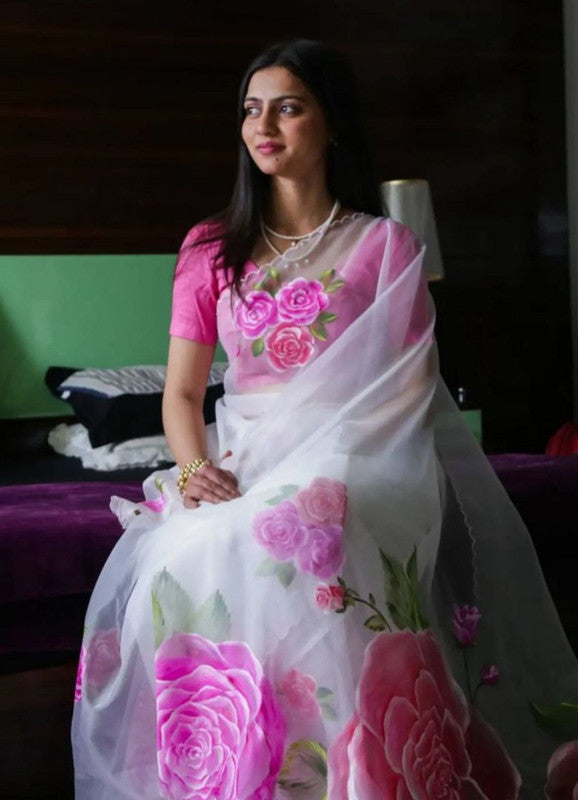 Malishka Women's Organza Digital print Aari Work White Saree With Blouse Piece - White - Distacart
