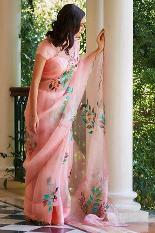 NOZ2TOZ Women's Organza Digital print Aari Work Peach Saree With Blouse Piece - Distacart