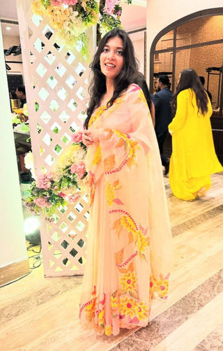 NOZ2TOZ Women's Organza Digital print Aari Work Peach Saree With Blouse Piece - Distacart