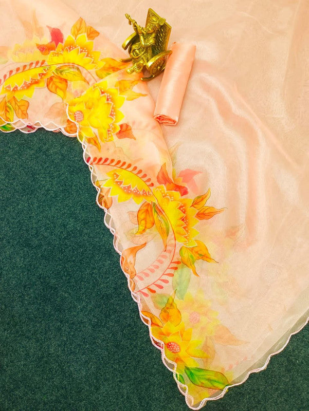 NOZ2TOZ Women's Organza Digital print Aari Work Peach Saree With Blouse Piece - Distacart