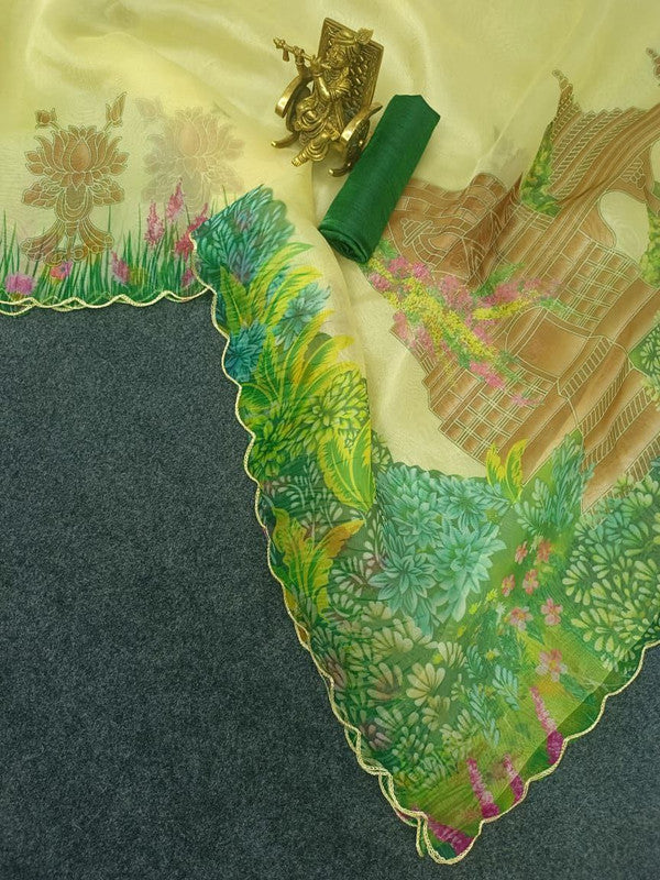 NOZ2TOZ Women's Organza Digital print Aari Work Green Saree With Blouse Piece - Distacart