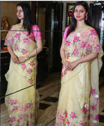 Thumbnail for Malishka Women's Organza Digital print Aari Work Beige Saree With Blouse Piece - Beige - Distacart