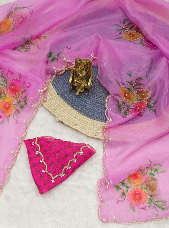 NOZ2TOZ Women's Organza Digital print Hand Work Pink Saree With Blouse Piece - Distacart