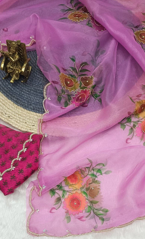 NOZ2TOZ Women's Organza Digital print Hand Work Pink Saree With Blouse Piece - Distacart