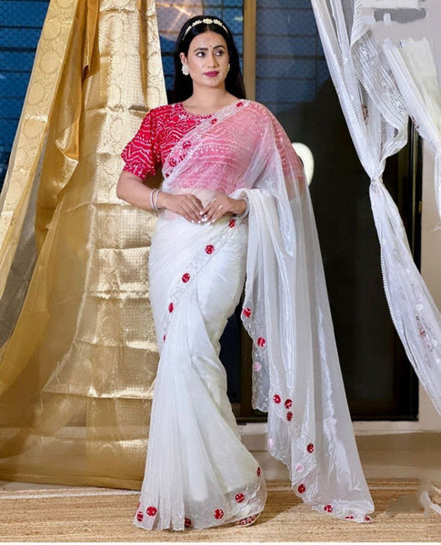 NOZ2TOZ Women's Organza Digital print Hand Work White Saree With Blouse Piece - Distacart