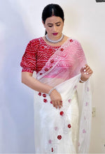 Thumbnail for Malishka Women's Organza Digital print Hand Work White Saree With Blouse Piece - White - Distacart