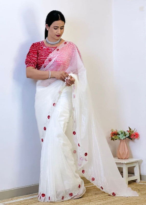 NOZ2TOZ Women's Organza Digital print Hand Work White Saree With Blouse Piece - Distacart