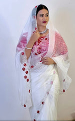 Thumbnail for Malishka Women's Organza Digital print Hand Work White Saree With Blouse Piece - White - Distacart