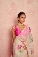 Thumbnail for Malishka Women's Organza Digital print Hand Work Beige Saree With Blouse Piece - Beige - Distacart