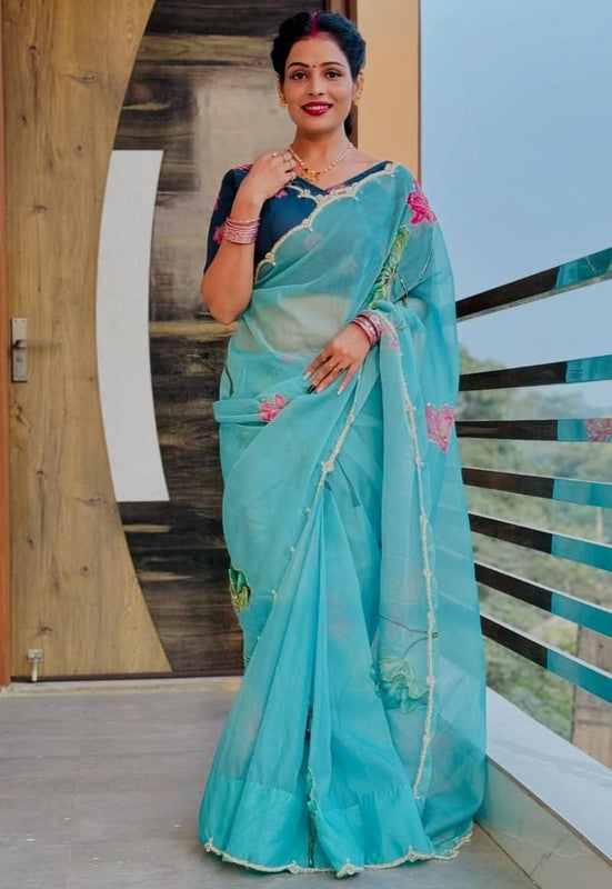 NOZ2TOZ Women's Organza Digital print Hand Work Sky Saree With Blouse Piece - Distacart